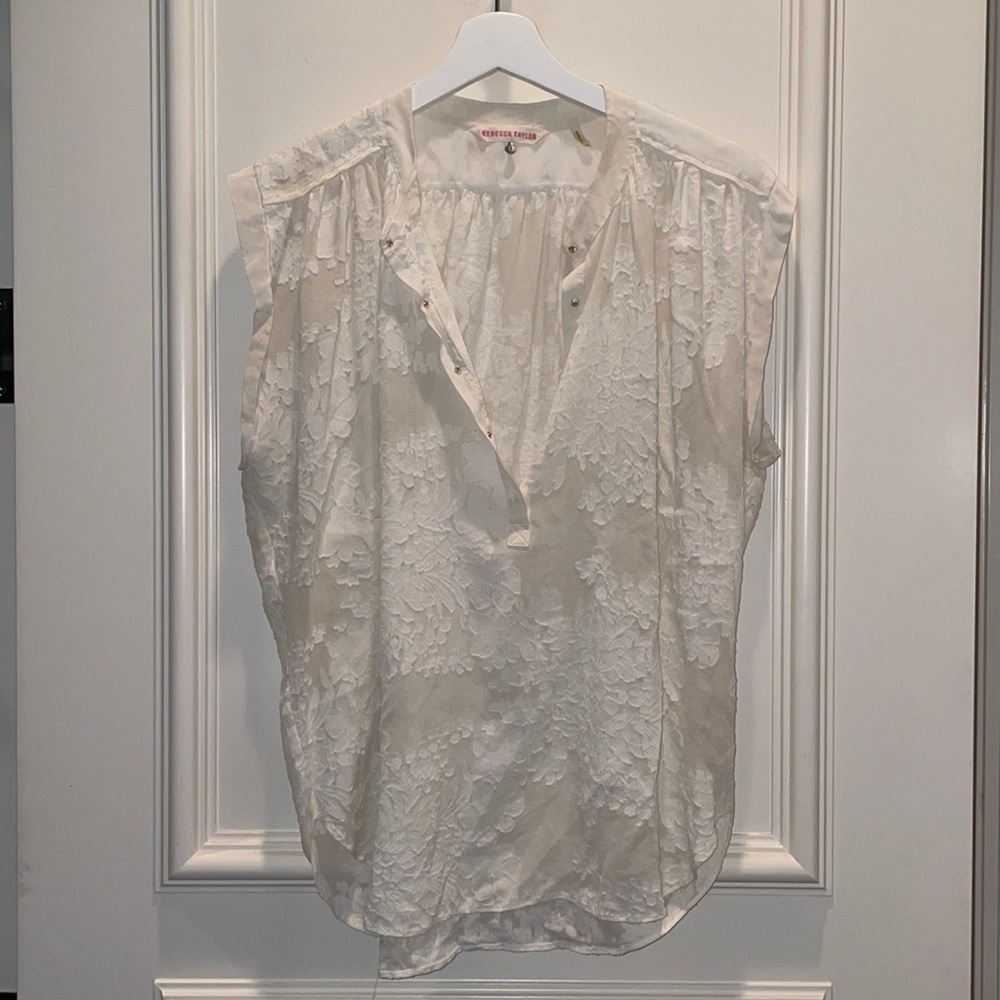 Rebecca Taylor White Sleeveless Blouse Sheer with Floral Pattern